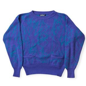 Vintage Loubella California Fashions Purple Abstract Knit Sweater Size L 80s 90s